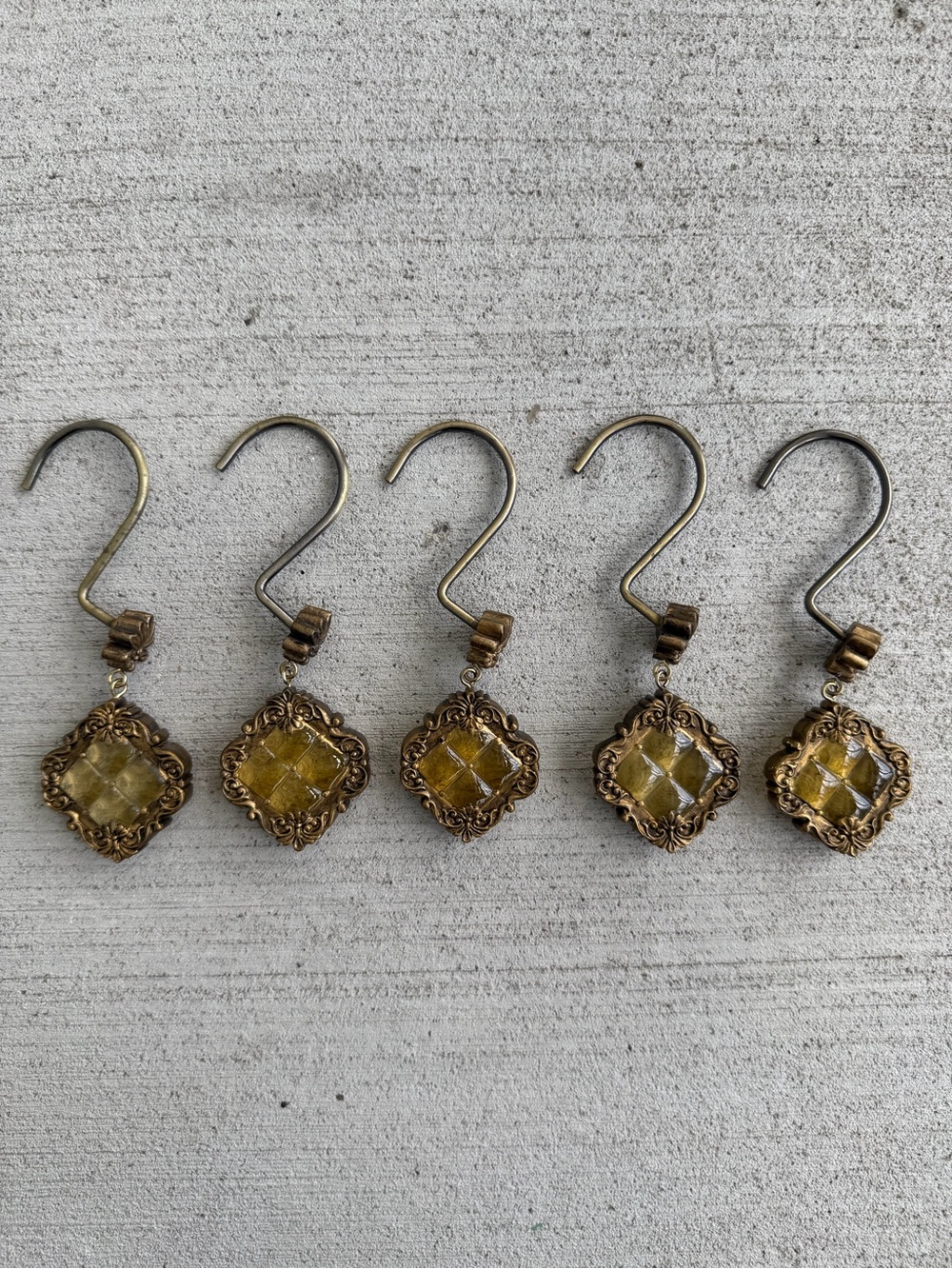 Vintage Ornate Curtain Tiebacks Hooks Set 5 Gold Tone Amber Style Decorative